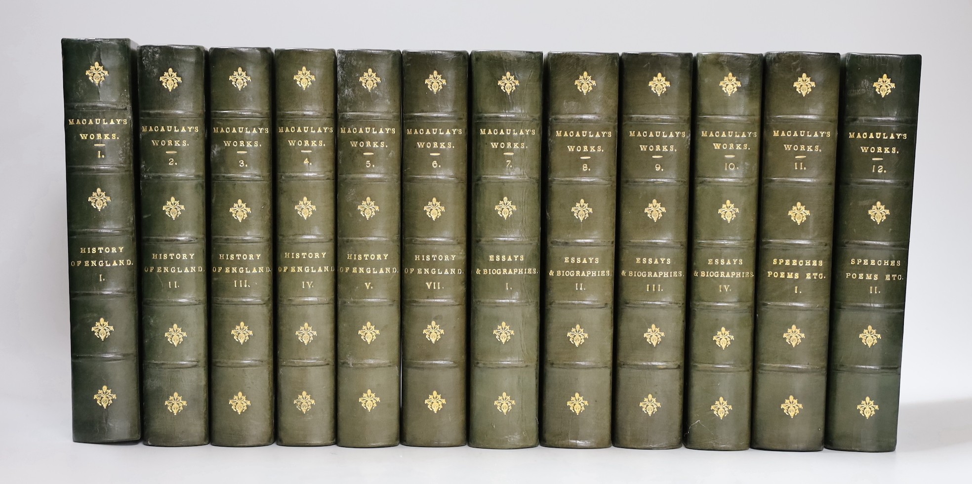 Macaulay, Thomas Babington - The Works, (The Albany edition), 12 vols, 8vo, half green morocco, Longmans, Green & Co., London, [1898]